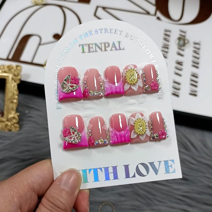 Duckbill Press on Nails,Glossy Pink French Tip Fake Nails with 3D Butterfly & Rhinestone Design,10PCS Glitter False Nails for Everyday Wear Party Vacation Work,Duck Shape Glue on Nails(L)