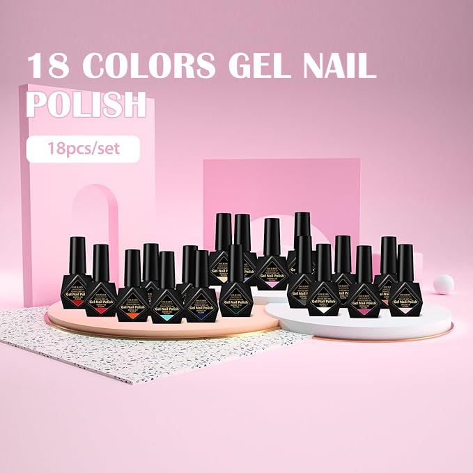 Gel Nail Polish Kit- 18 Trendy Colors Soak Off UV Gel Polish, Long Lasting Chip Resistant & High Shine, DIY Home Manicure & Salon Use, for Women & Teens