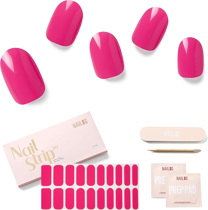 Semi Cured Gel Nail Strips - NAILOG 20 Pcs Rose Pink Nail Stickers Extra Long Wraps with Glossy Gel Finishing for Spring Summer, Cerise