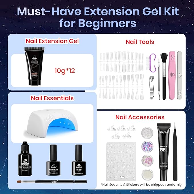 Beetles Poly Nail Gel 12 Colors Starry Party Poly Extension Set With U V Lamp Pink Glitter Builder Nail Extension Enhancement Gel Manicure DIY Home Salon Gift for Women Girls