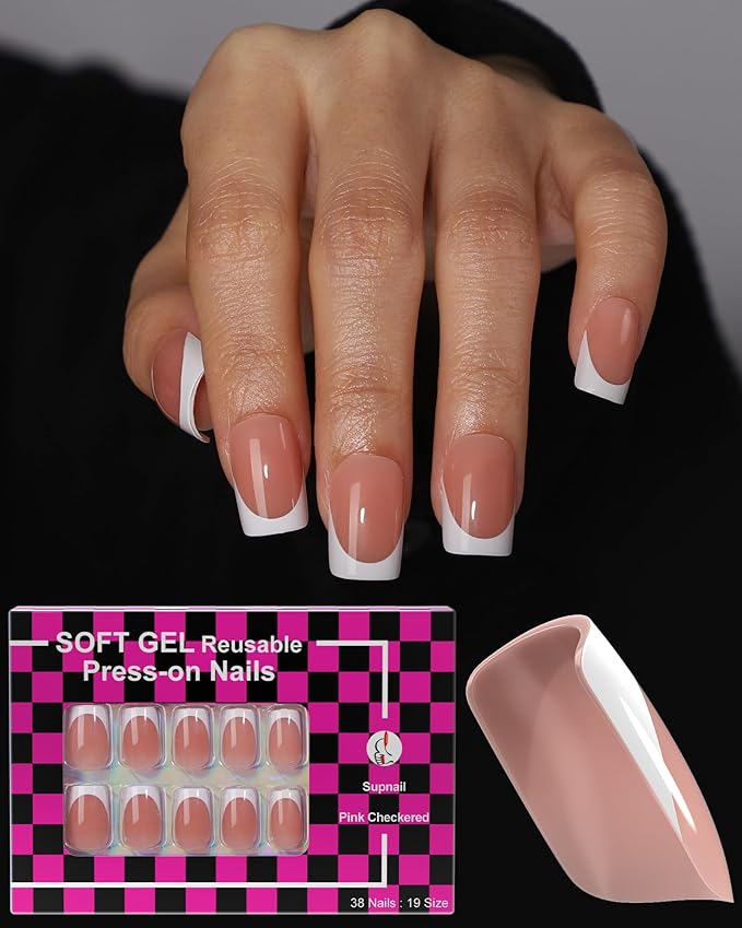 19 Sizes Light Brown French tip Press on Nails Square Short, 38 Pieces Glossy Fake Manicure with Brush-on Glue and Adhesive Tabs (Bold Coral)