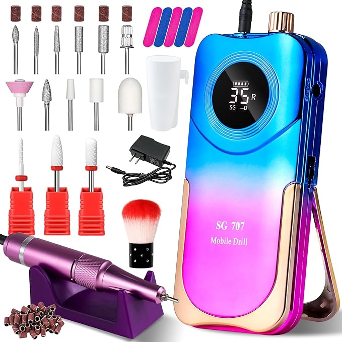 Professional Electric Nail Drill Kit 35000RPM with 14PCS Bits Purple Blue Portable Rechargeable Cordless File Machine for Acrylic Gel Powder Nails and Manicure Pedicure Toenail Tool Salon Set