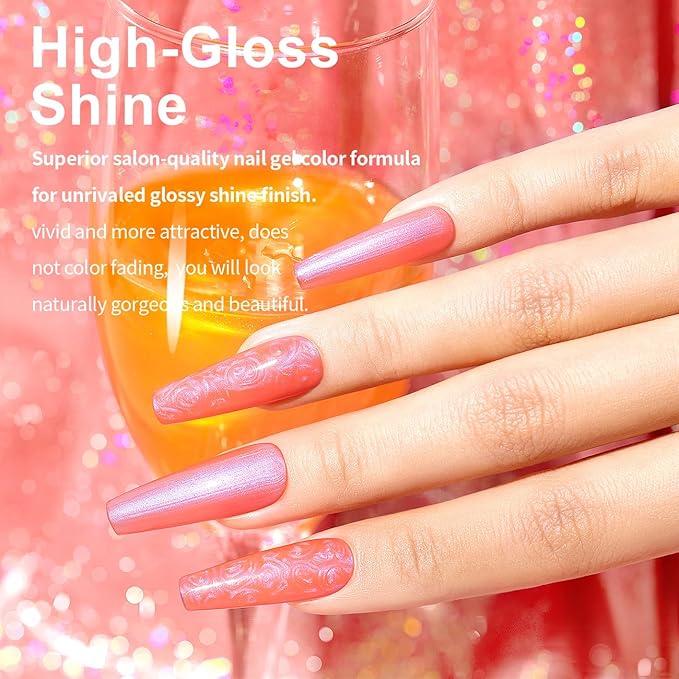 RARJSM Pearlescent Gel Nail Polish Neon Orange Red Shell Glitter Purple Shimmer Mermaid Iridescent Nail Gel Polish Soak Off LED UV Curing Requires Swirl Thread Effect DIY Manicure 7.5ML Summer Nail