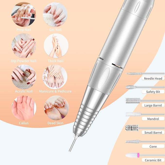 Portable Nail Drill Professional 35000 RPM, MOCOWIND Rechargeable Electric Nail File Machine E File for Acrylic Gel Polishing Removing, Cordless E-File with Bits Kit for Manicure Salon Home, Black