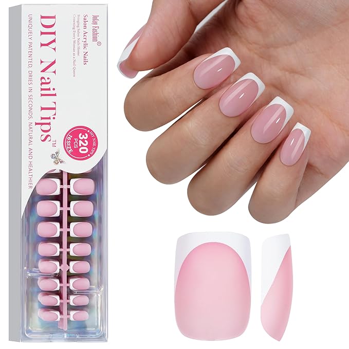 French Gel Nail Tips - Jofay Fashion Short French Tip Press on Nails, 10-Piece Set 320Pcs Pink Square Nail Tips, Pre-applied Tip Primer & Base Coat, No Need to File Fake Nails for Nail Art, 16 Sizes