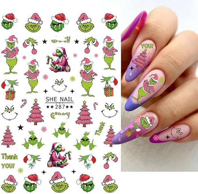 6 Sheets Christmas Nail Art Decals 3D Self-Adhesive Cartoon Xmas Nail Stickers Design WinterXmas Funny Green Monster Nail Decals Christmas Nail Decals Supplies for Women Nail Art DIY Manicure