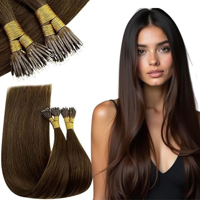 RUNATURE Nano Bead Hair Extensions Real Human Hair Brown Silky Straight 22 Inch 50 Gram 50s,Pre Bonded Nanobead Remy Hair