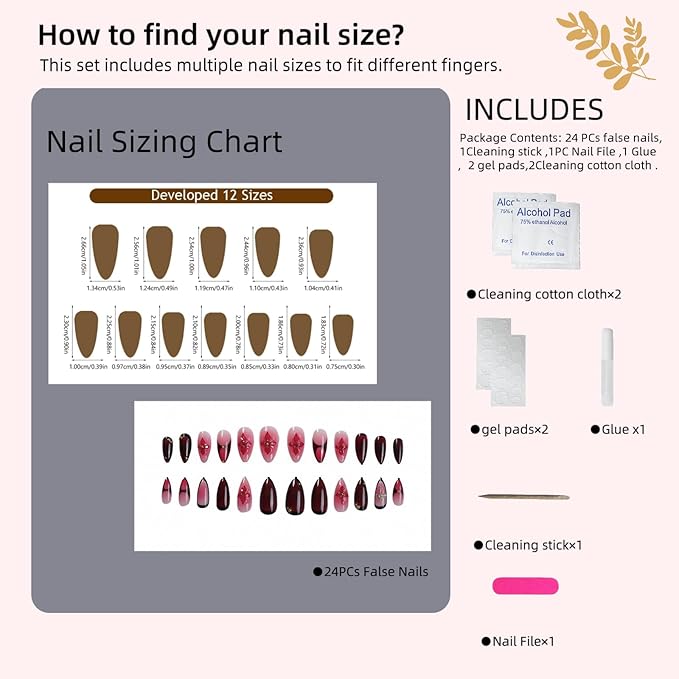 Press On Nails Almond Shape - Gothic Burgundy Pink Rhinestone Cross Design,Easy Application Manicure Set for Work, Party & Daily Use, Perfect for Women and Students