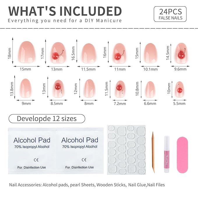 Oval Press On Nails Short – Pink Glitter Jelly Fake Nails with Cherry Accent, Glossy Acrylic Stick On Nails, Reusable 24PCS False Nails Kit with Glue & Tools for Women