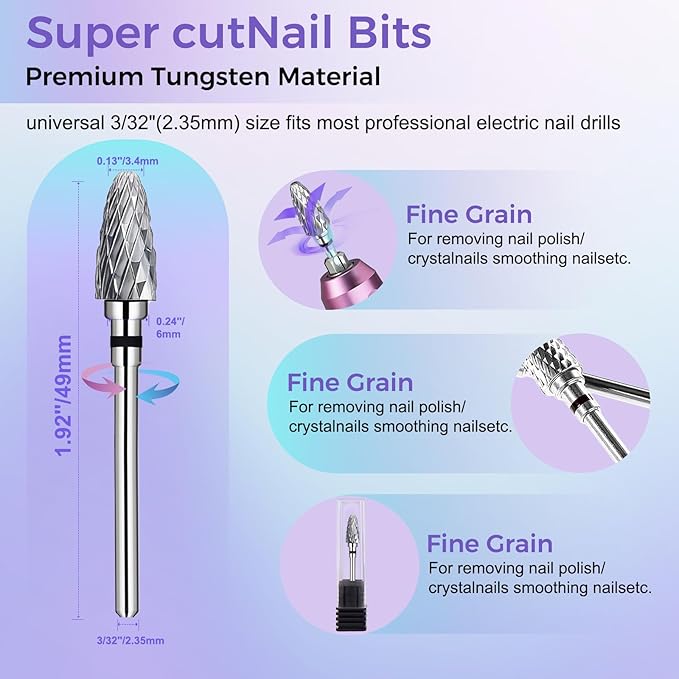 Fantexy 3/32" Carbide Nail Drill Bit - Remove Acrylic Hard Gels Quickly and Safely,Professional Cone Tungsten Drill Bits Set Nail File Acrylic for Manicure,Pedicure,Cuticle Cleaner (Extra Coarse - XC)