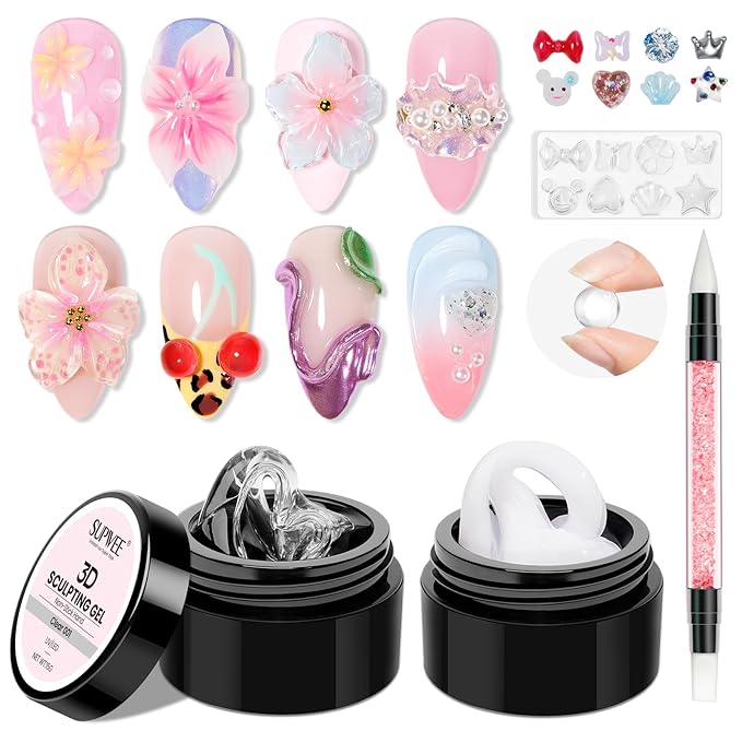3D Nail Gel Sculpting Gels for Nail Art, Clear&White Hard Solid Builder Gel Non-Sticky Extension for Carving Molding with Silicone Mold Silicone Pen Designs DIY Manicure at Home