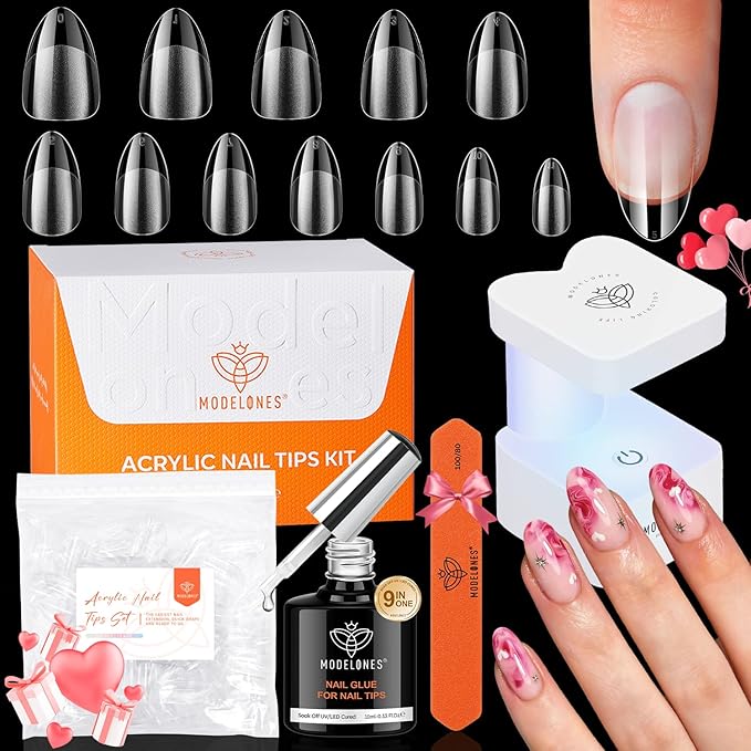 modelones Short Almond Gel Nail Tips Kit, 9-in-One Nail Glue with Portable U V Lamp 216Pcs 12Sizes Pre-Etched Press ons Fake Acrylic Extension Kit DIY Salon Gift for Women