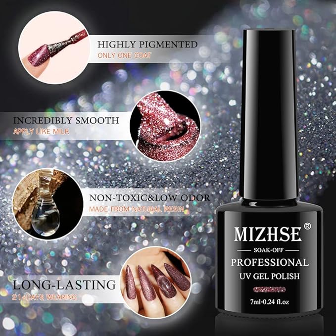 MIZHSE Reflective Glitter Cat Eye Gel Nail Polish 7ml, Sparkly Diamond Cateye Soak Off Gel Polish Magnetic Manicure Set for Nail Art Salon 12Pcs