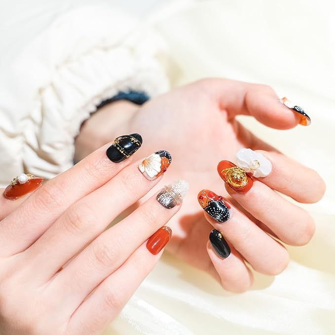 Sun&Beam Nails Handmade Press-on Short Round Red Black Gold Flower 3D Hand-Painted Design Fashion False Nail Tips 10 Pcs Set (#216 XS)