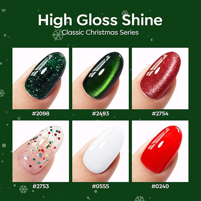 modelones Gel Nail Polish Set, 6 Colors White Red Dark Green 9D Cat Eye Gel Polish Gold Stars Ornament Glitter Nail Polish with Stickers & Magnet & Wooden Stick LED Mani DIY Gift