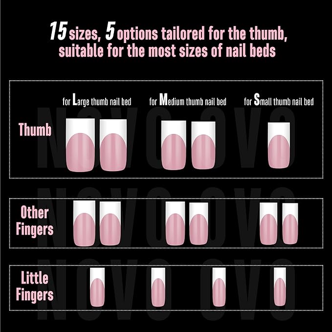 NOVO OVO Medium Sharp Square White French Tip Nail Tips Press on BERRY PINK, Extra Thick NEED Builder Glue Gel & Top Coat, Soft Gel Full Cover False Fake Nail Extension for Salon DIY x 15 Sizes 180 pc