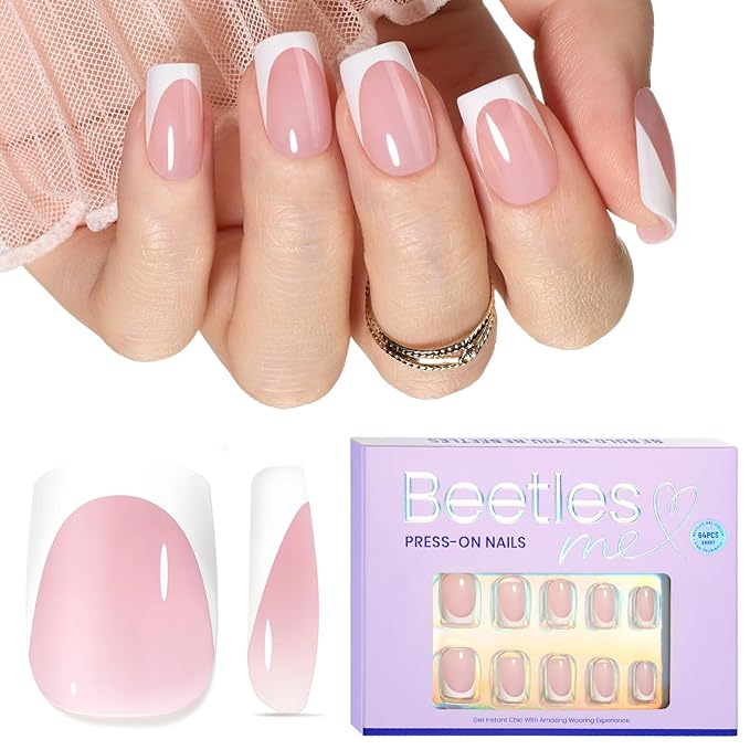 Beetles Short Squoval French Tip Press On Nails, 16 Sizes 64 Pcs Pink Squoval Shape Short Square Press On Nails Fake Nails Extensions Gel Nail Tips Nail Art DIY Manicure Gifts for Women