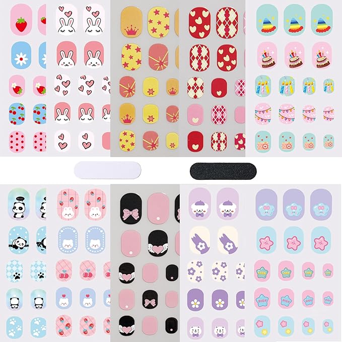 Colorful Kid Nail Stickers Full Nail Wraps for Kids Girls Self Adhesive Nail Strips for Nail Art Decoration Fun Including Animals Star Heart Fruit Party for Age 8 and Older (10 Sheets)