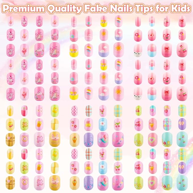 144 Pcs Kids Press on Nails - Short Acrylic Fake Nails with Cute Designs for Girls Age 8-12, Easy Stick On Nail Art Kit (A)