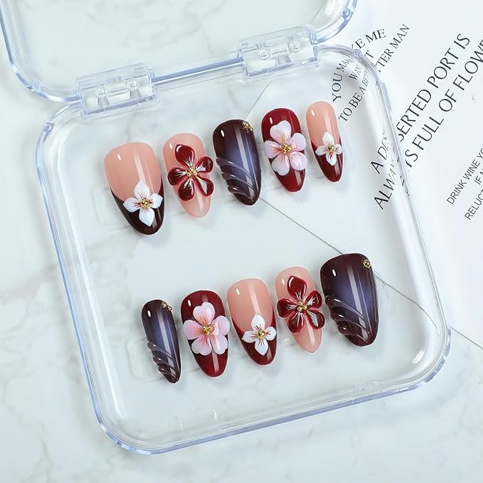 Flower Press on Nails Handmade Press on Nails 3D Floral Embossed and Golden Steel Ball Designs Medium Almond Fake Nails French False Nail Thick Acrylic Nails Stick on Nail for Women（Size S)