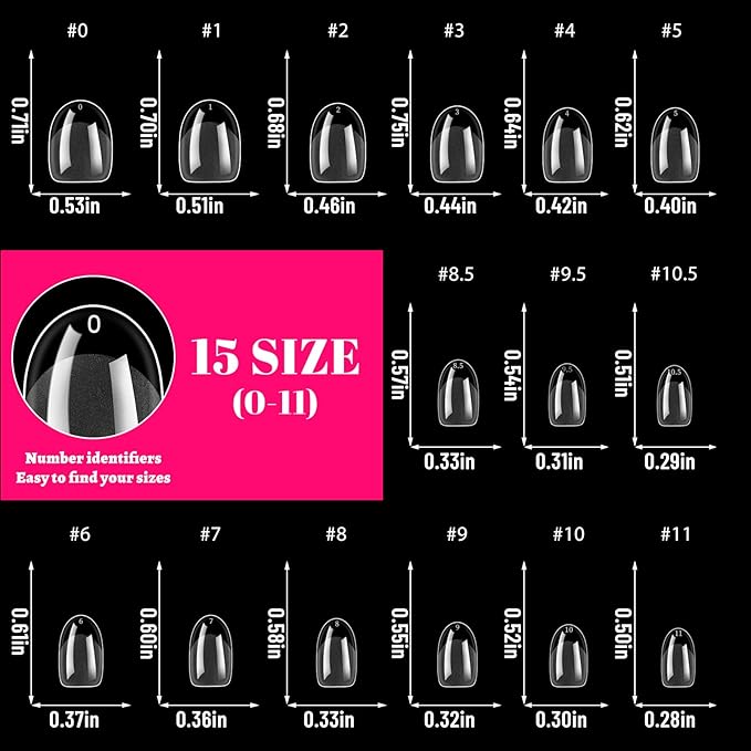 LoveOurHome 600pc Extra Short Oval Nail Tips Clear Fake Nails XS Round Almond Gel Nail Tips Full Cover Acrylic Nails Clear Press on Nails Short Oval 15 Size False Fingernail for Gel Nail Extension