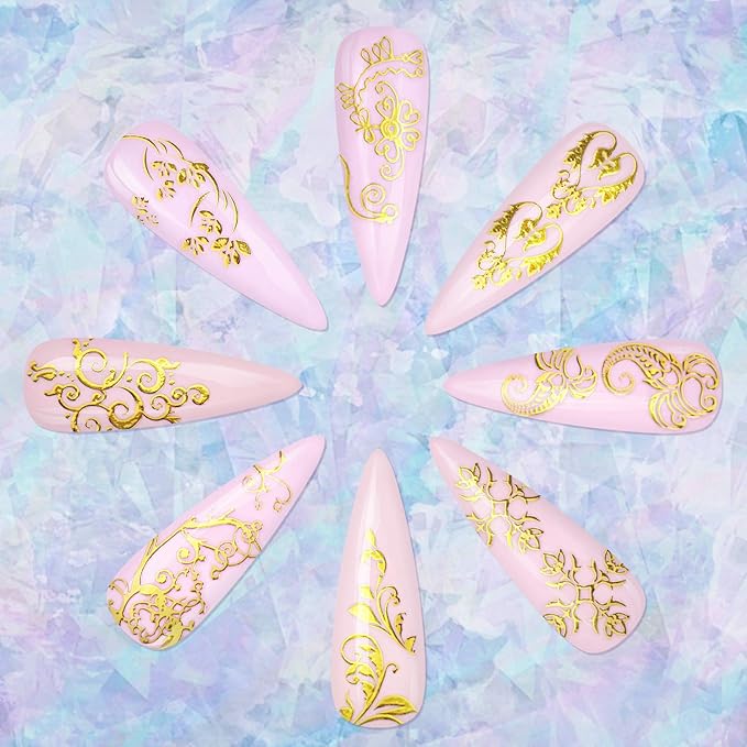 KISSBUTY Metallic Flowers & Vine Nail Decals - 20 Sheets 3D Flower Lace Adhesive Stickers - Gold Floral Nail Decor