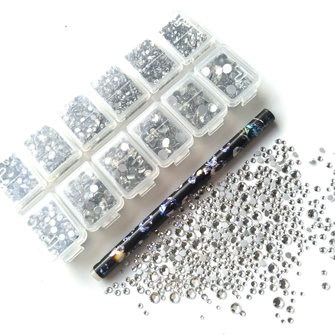 G GABRIELMODU 4640pcs Nail Crystals Flatback Rhinestones Clear Glass Charms Gems Stones Diamonds for Nails Crafts DIY Nail Art Decoration with Wax Picker Pencil Mix SS 3 6 8 10 12 16 20 (1.3-4.8) MM