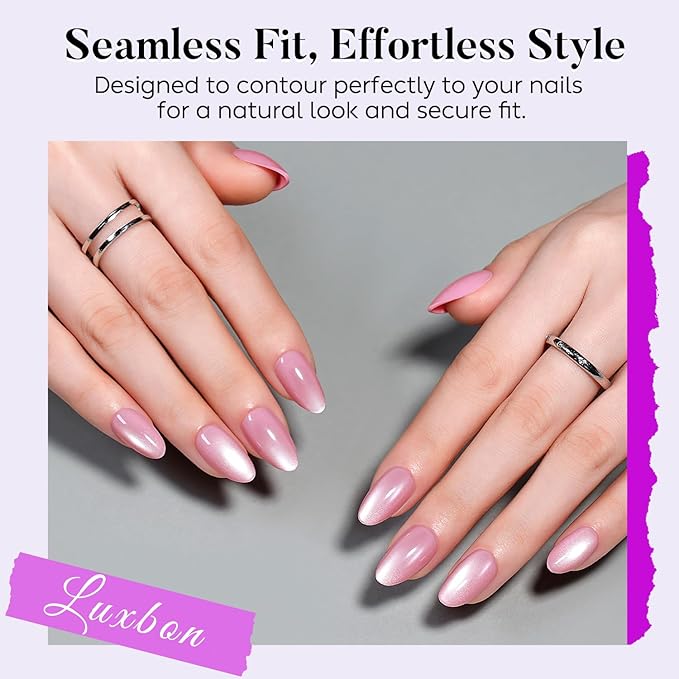 Luxbon Almond Press On Nails with No-Cure Nail Glue and Tool Kit – Moonlight Cat Eye Soft Gel Tips 30-32pcs Full Size Set, Reusable Fake Nails for Women, Salon Look at Home, Pink