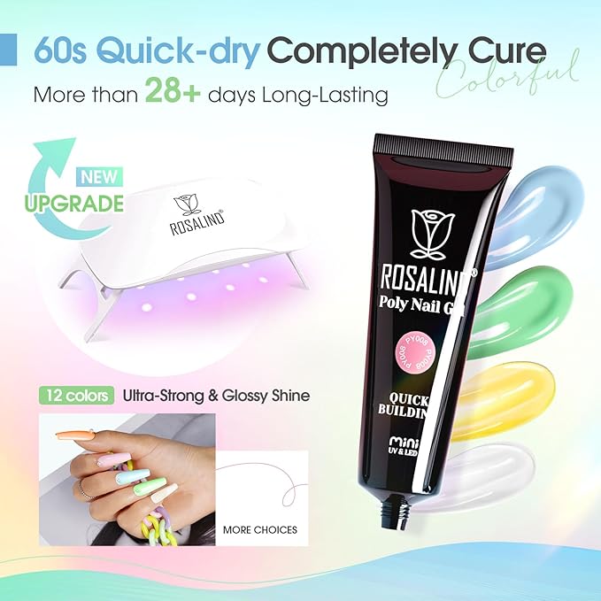 ROSALIND 12 Colors Poly Nail Gel with Mini Nail Lamp Yellow Green Poly Extension Gel Kit 0.34oz/10ml Nails Buider Set with Slip Solution Basic Tools for Beginners with Everything