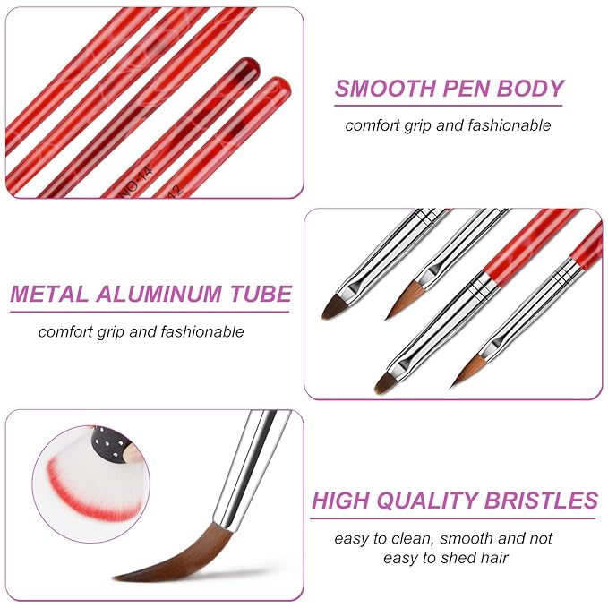 TOROKOM 19Pcs Nail Art Brush Set - Acrylic & Gel Application Kit with Dust Brush for Home Salon - Beginner Friendly (Red)