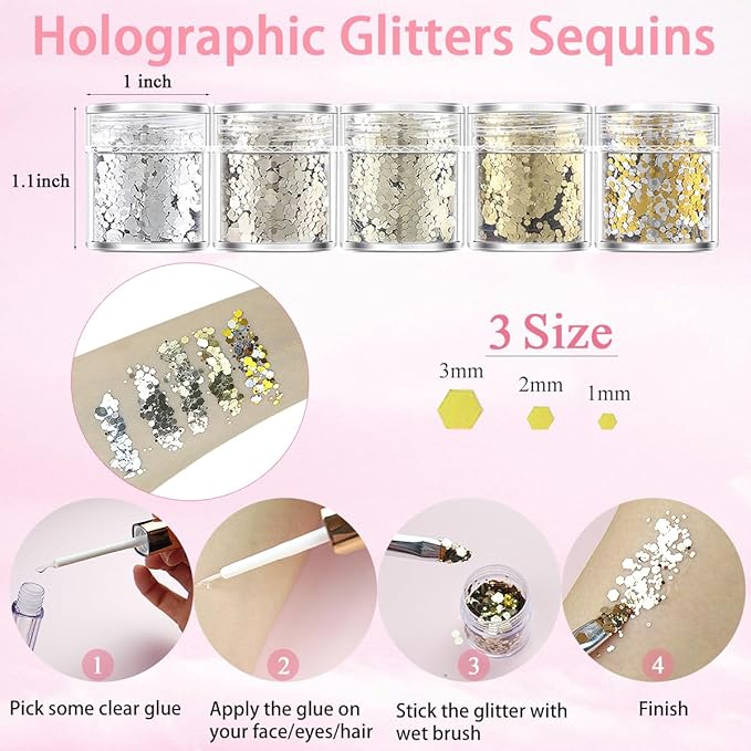 Hair Face Gems Rhinestones with Makeup Glue, Flat Back Colorful Jewels Crystal Half Round Pearl Gold Holographic Glitters Sequins Kit, Wax Pencil Tweezer and Brush For Face Eye Hair Body Makeup