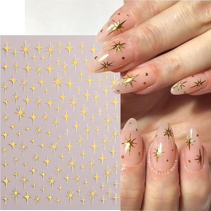 6Pcs Star Nail Sticker for Nail Art 3D Self-Adhesive Nail Decals French Cross Starlight Black White Gold Silver Design Pegatinas Uñas Slider Decal DIY Nail Tips Manicure Decor Supplies for Women