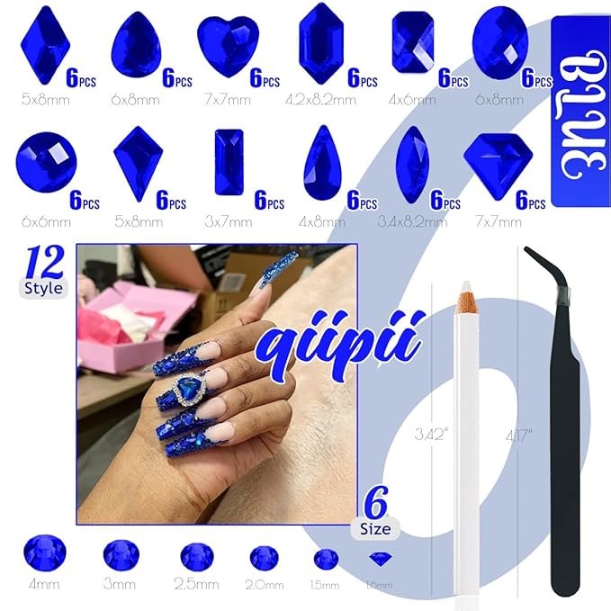 2052Pcs Sapphire Blue Nail Art Rhinestones Kit Royal Blue Nail Charms Multi Shapes Crystal Flatback Rhinestones Big Gems + Round Beads Glass Stones Diamonds Jewels for Nails Faces Eyes Makeup