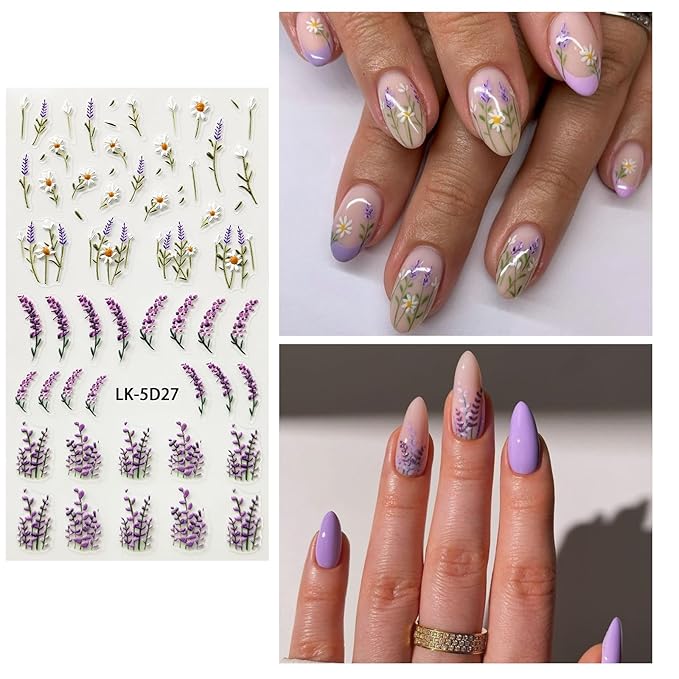 Flower Nail Art Stickers 5D Embossed Flower Nail Decals Spring Summer Pink Flowers Nails Design 3D Self-Adhesive Accessories for Women Nails DIY Decoration(6 Sheets)