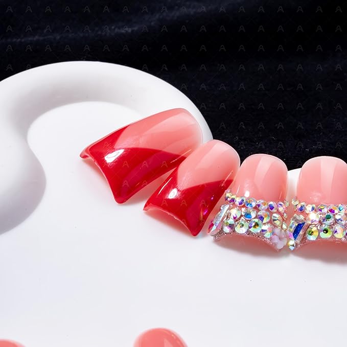 10 Pieces Luxury Y2K Acrylic Press On Nails Short Handmade Duck Nails, Red Thickened French False Nails With Bling Rhinestones, Reusable Fake Nails, Acrylic Nails (L)