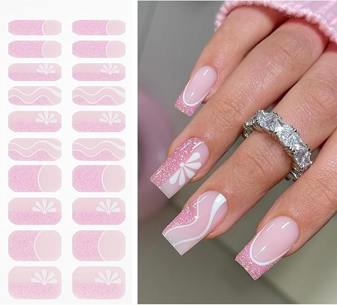 JMEOWIO Gel Nail Stickers Pink Glitter White Flower French Tip Semi Cured Gel Nail Strips Wraps UV/LED Nails Art Design Decoration Accessories