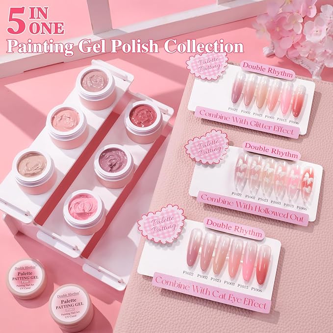 Double Rhythm Painting Gel Polish Set for Nail Art Palette Patting Gel Polish 6 Colors with 100 Pcs Sponges and Grabbing Pen (Nude Pink Purple Rose-T6-65)