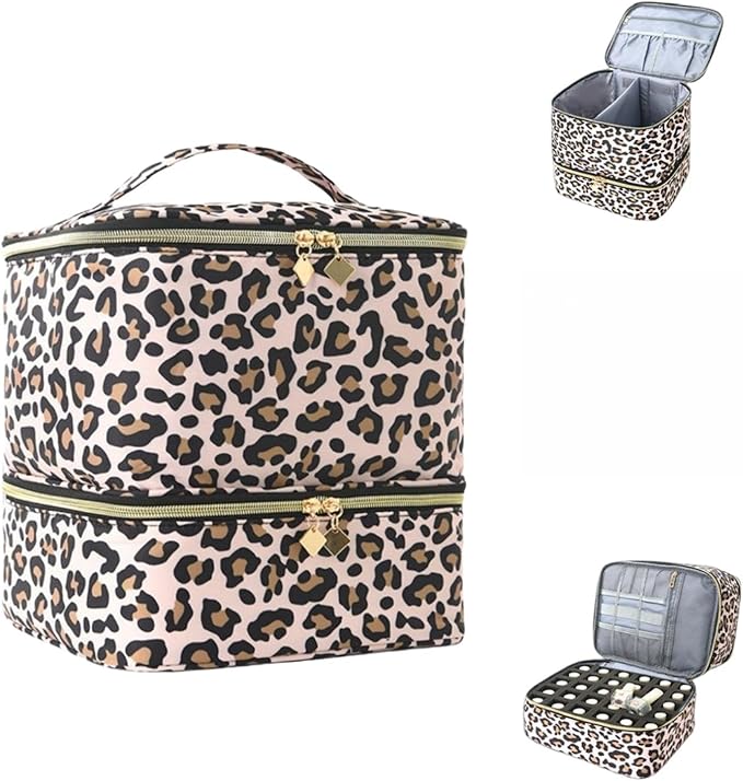 Nail Polish Organizer Aesthetic Nail Organizers and Storage, Bow Nail Supplies Kit Organizer Travel Carrying Case for Manicure Tools (Leopard B, 2 Layer)
