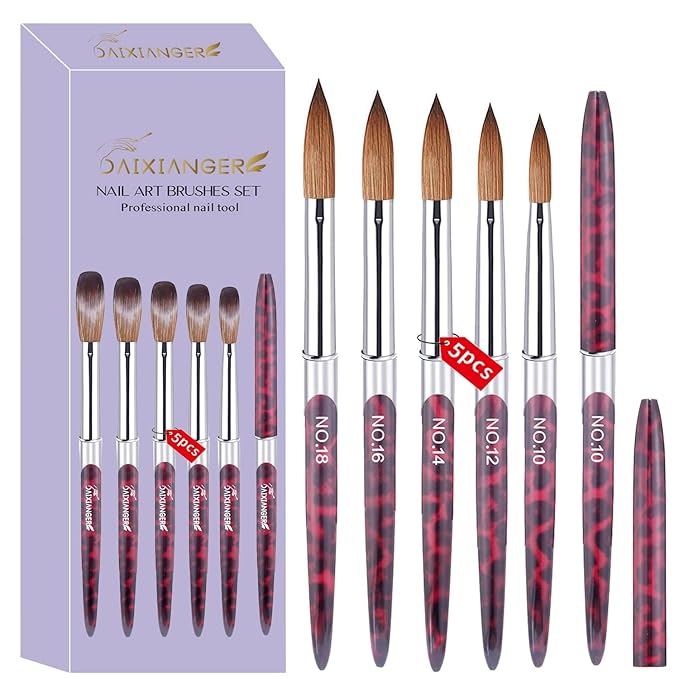 5PCS Professional Acrylic Nail Brush Set - Size 10/12/14/16/18 Brushes for Acrylic Powder Application, 3D Carving & Nail Art Extension, Leopard Print Handle Nail Tools for Salon Manicure