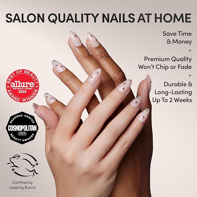 Glamnetic Press On Nails - North Star Fake Nails | Semi-Transparent 3D Multicolor Gems Short Almond Fake Nails, Salon Quality | 15 Sizes - 30 Nail Kit with Glue