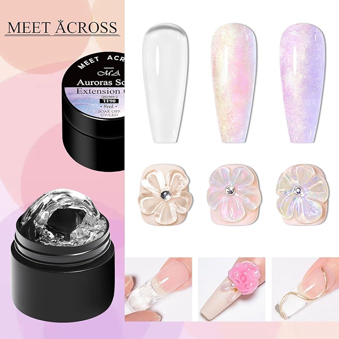 MEET ACROSS 7Pcs Aurora Solid Builder Nail Gel 5 IN 1 Solid Sculpture Builder Kit Clear Pink Purple Non-Stick Hand Nail Extension Gel Manicure DIY for Women