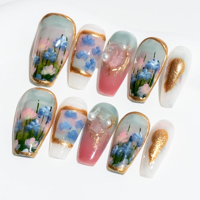 Sun&Beam Nails Handmade Press On Nail Medium Long Coffin Ballerina Green Painting Fake Tip 3D Design Art Charms Cute with Storage Box 10 Pcs (S)