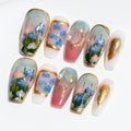 Sun&Beam Nails Handmade Press On Nail Medium Long Coffin Ballerina Green Painting Fake Tip 3D Design Art Charms Cute with Storage Box 10 Pcs (L)