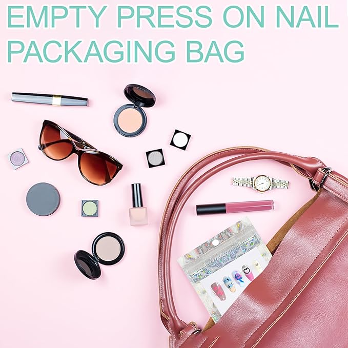 100 PCS Press On Nails Packaging Bag Holographic Nail Storage Bag and 100PCS Shiny White Pearl Card with 7 Sheets Pre-cut Nail Tape (Star)