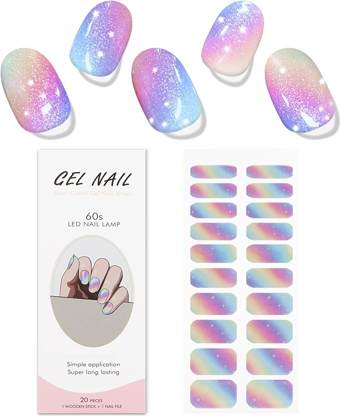 JMEOWIO Gel Nail Stickers Rainbow Glitter Semi Cured Gel Nail Strips Wraps UV/LED Nails Art Design Decoration Accessories