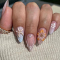 Summer Beach Press on Nails Medium Fake Nails Almond Nails Press ons with Flower Starfish Charms Design,Reusable & Easy Apply Full Cover Stick on Nails for Women Vacation Manicure 24Pcs