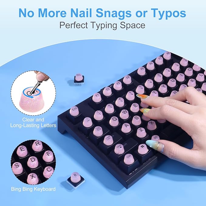 128pcs Raised Keyboard Stickers for Long Nails, Bling Keyboard Bubbles for Women with Letters, Soft Silicone Nail Art Typing Keycaps for Desktops (Pink, 128pcs)