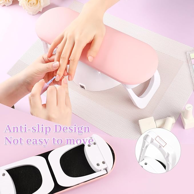Nail Arm Rest, Professional Foldable PU Leather Nail Hand Rest with PVC Table Mat for Acrylic Nails, Soft Nail Hand Pillow Non-slip for Manicure Salon Use (higher-Pink)