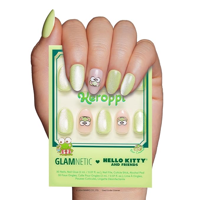 Glamnetic x Hello Kitty® and Friends Press On Nails - Keroppi™ | Short Oval Pastel Green Graphic Fake Nails in a Velvet Finish | 15 Sizes - 30 Nail Kit with Glue