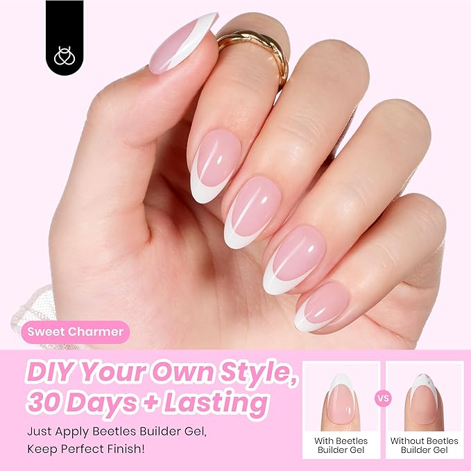 Beetles Press On Nails, French Tip Press On Nails Short Almond Kit with 224Pcs Nail Tips Nail Glue Builder Gel Top Coat Mini UV Light All-in-One DIY Wedding Nail Designs Gift for Women